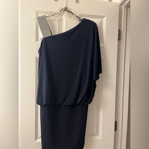 Elegant navy one-shoulder studded evening gown. Size 8 by Jackie John New York